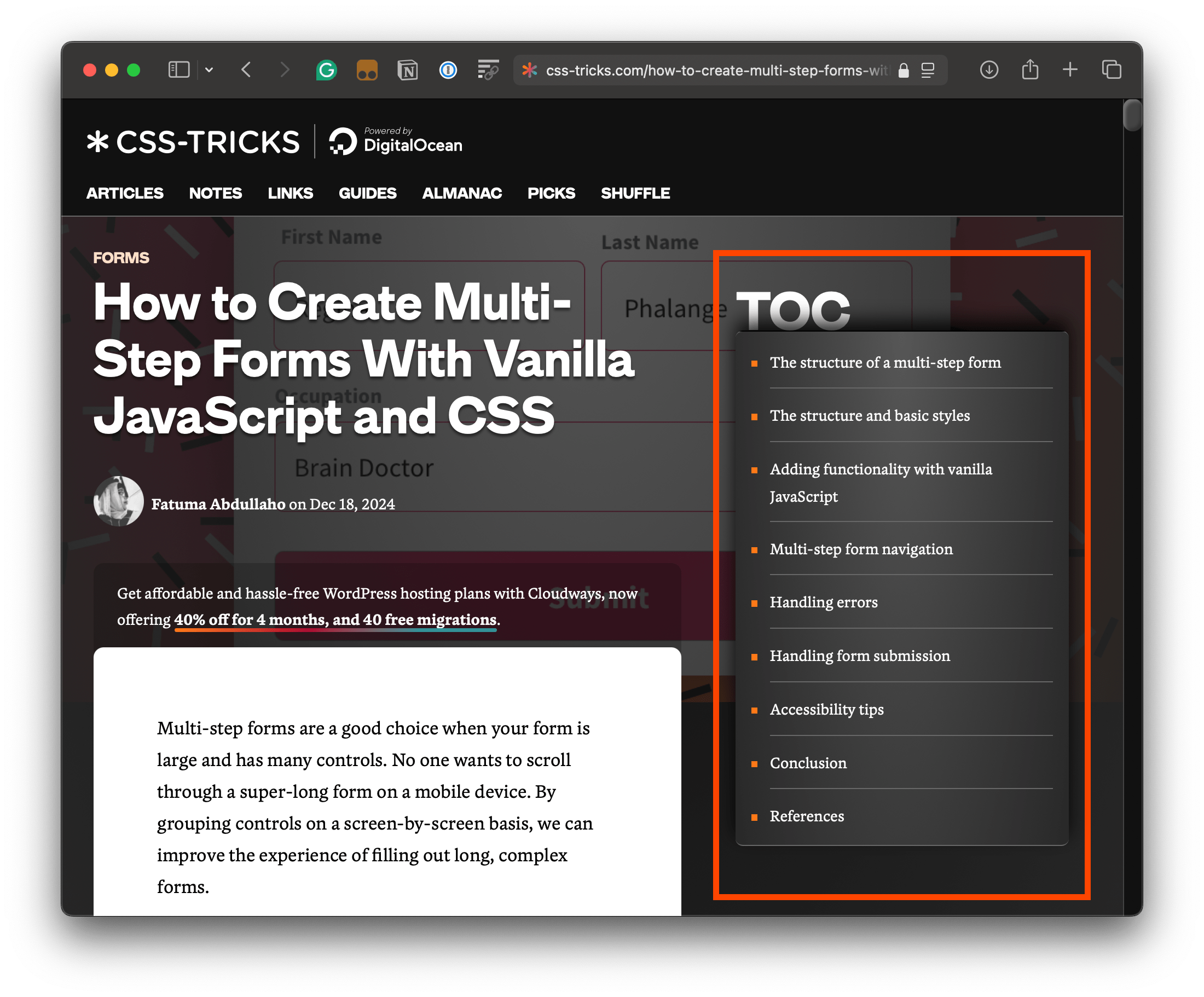 Showing the table of contents widget in the right sidebar of an article.