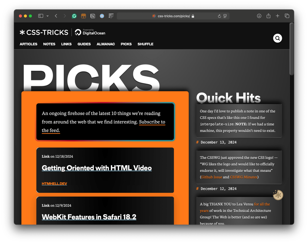 The main CSS-Tricks Picks page showing the first two picks in a vertical stack.