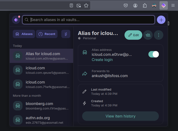 a screenshot of proton pass alias created