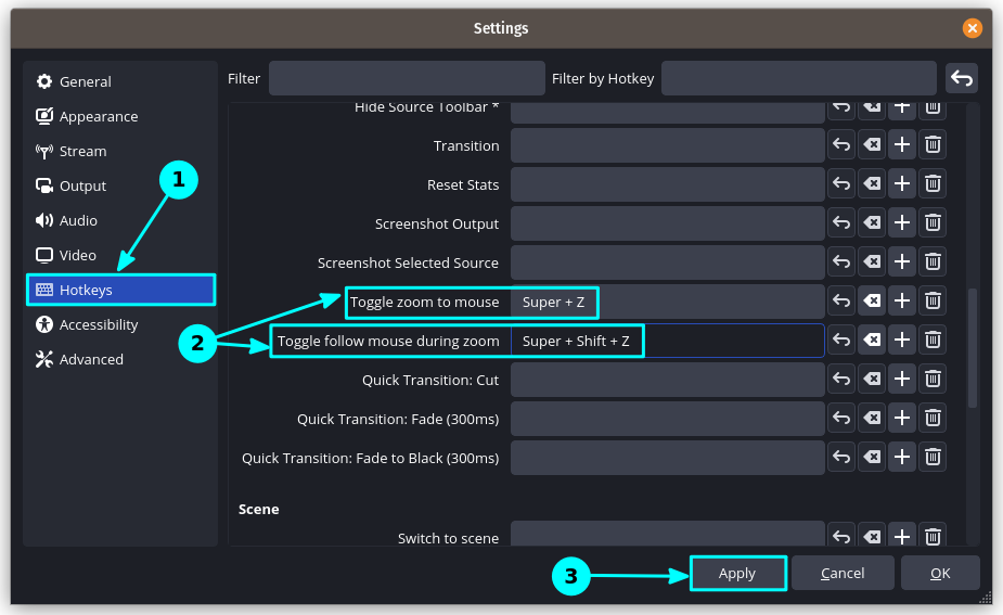 Set a hotkey to zoom to mouse settings in OBS Studio hotkey settings.