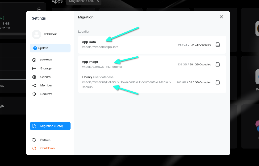 ZimaOS Disk Migration settings