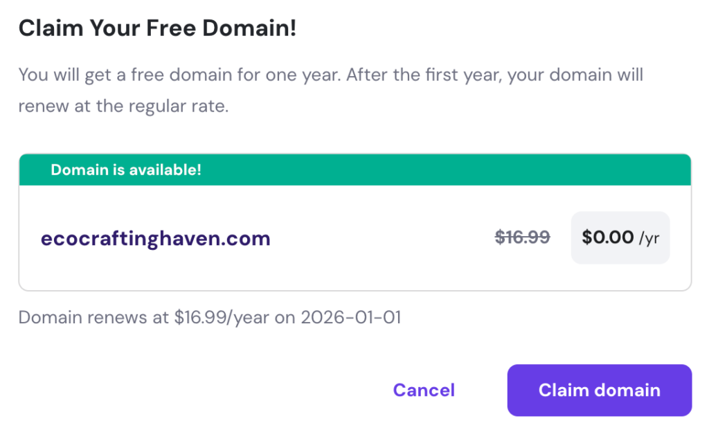 Panel for claiming free domain
