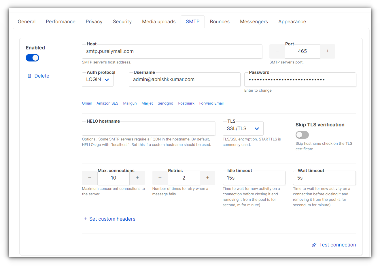 adding smtp settings to send emails