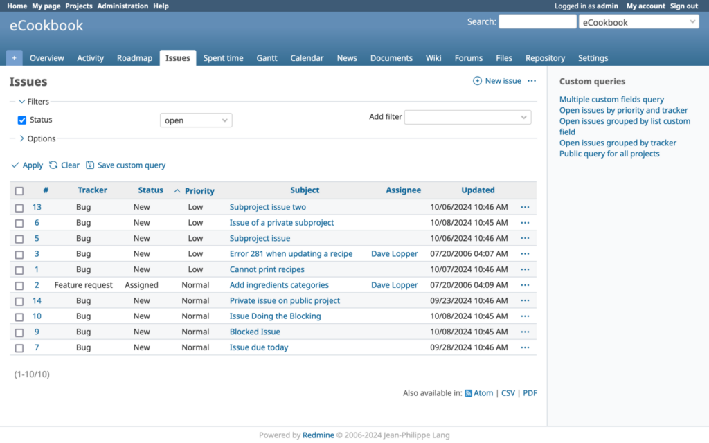 Redmine's features and functionality