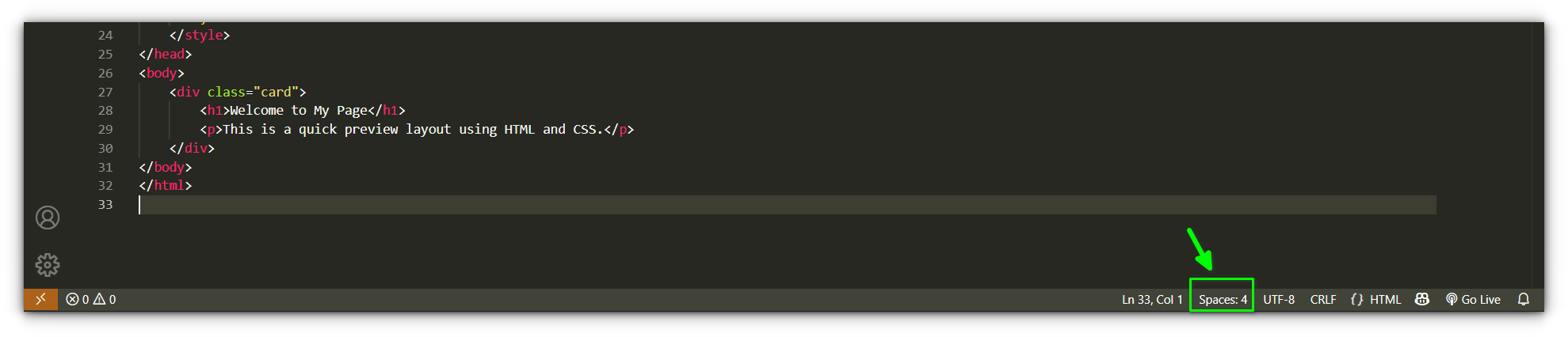setting up spaces from bottom pane of vs code