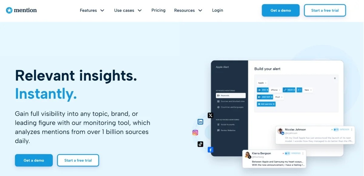 Mention homepage with the text "Relevant insights. Instantly."