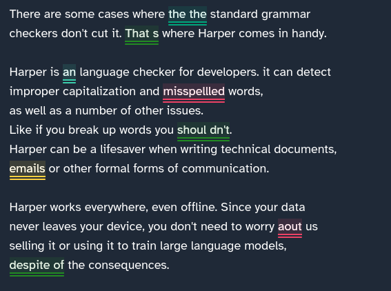 Harper uses different color for different type of grammatical mistakes