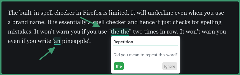 Harper detects incorrect use of a/an and repeated words
