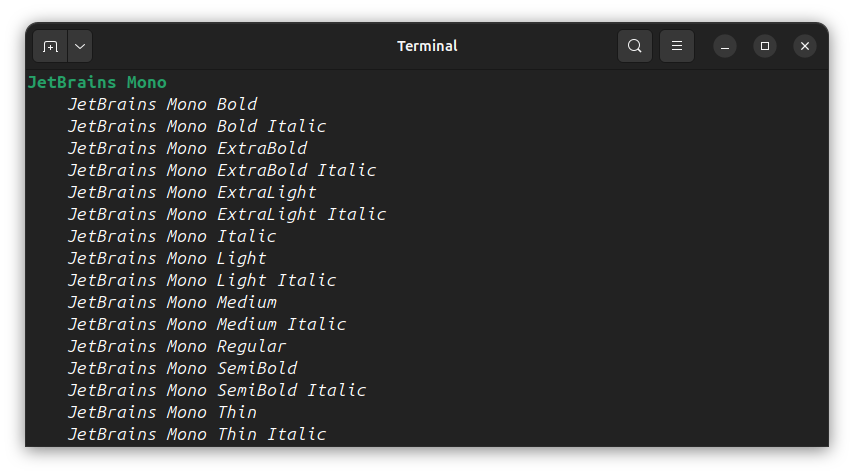 List fonts in Kitty using the above mentioned command. Here is a screenshot showing the JetBrains Mono font section in the extensive output.