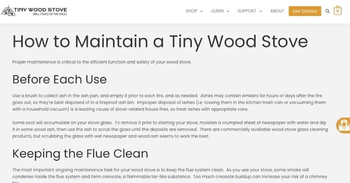 tiny wood stove content explaining how to maintain a wood stove