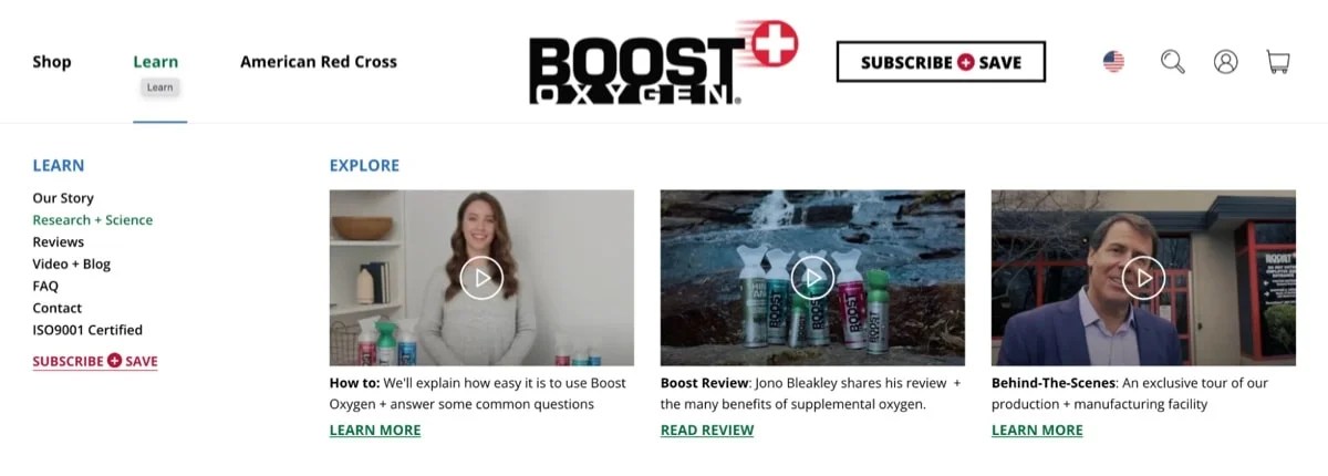 Boost Oxygen with several videos in the mega menu