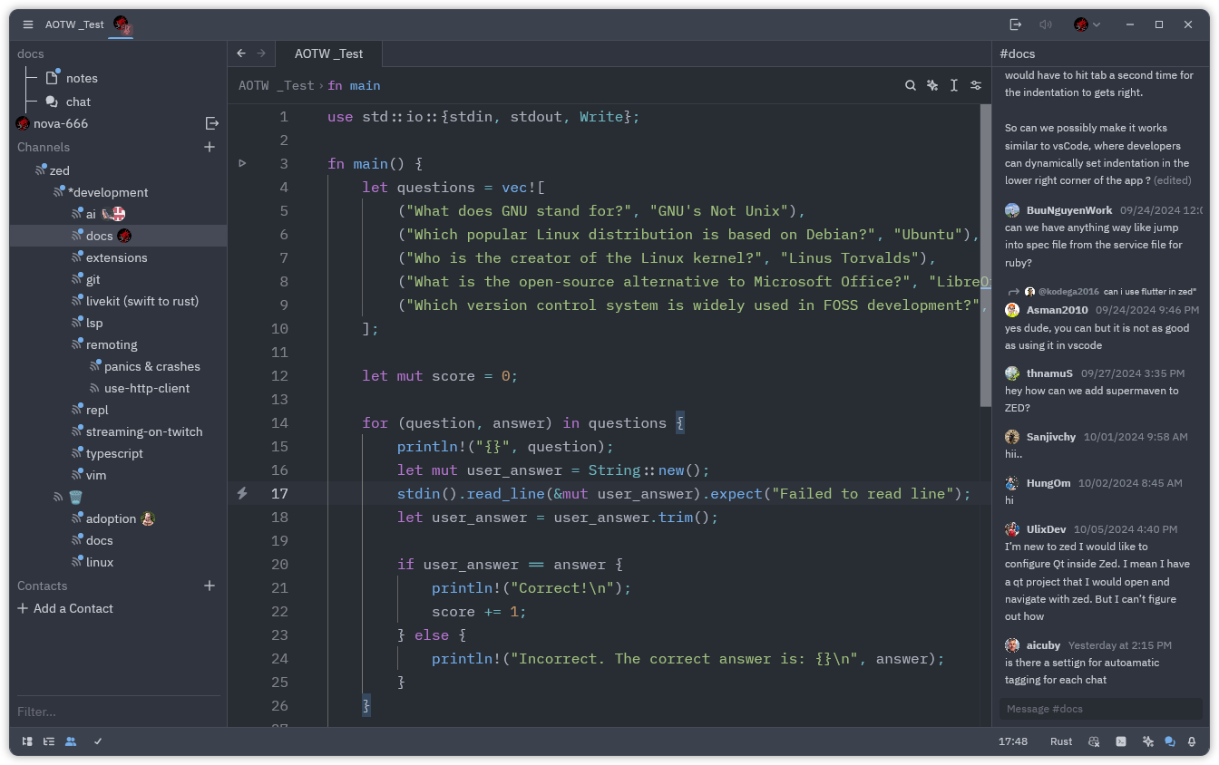screenshot of zed showing some code in the middle, and the channel view on the right