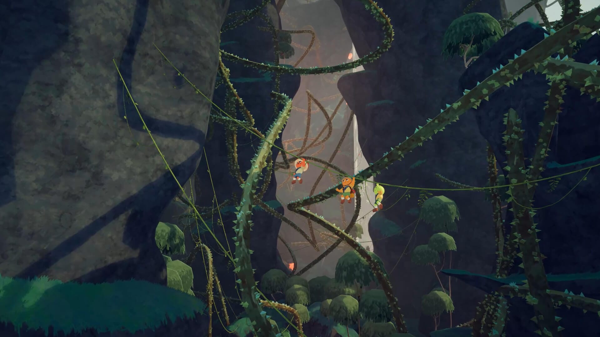 three game characters are seen going up using a thin green tree, there are many cliffs nearby