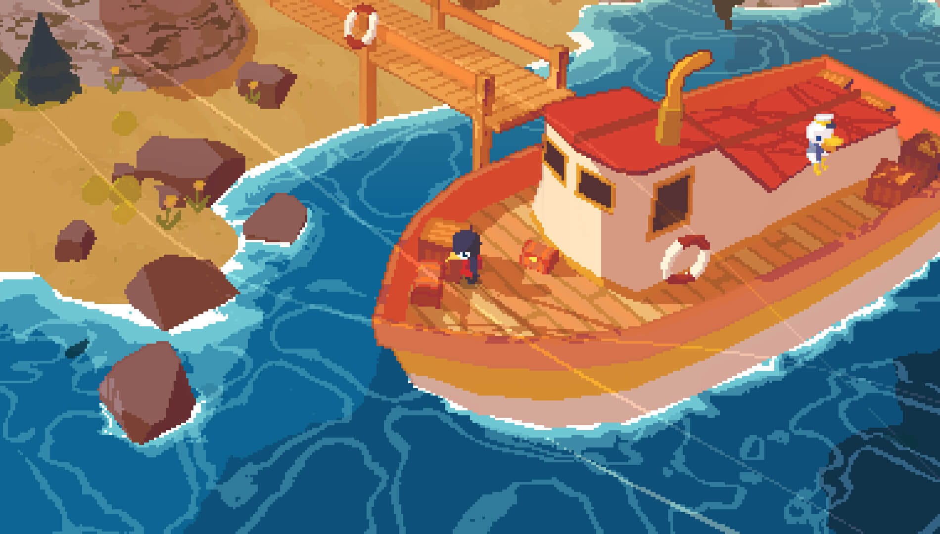 the player is seen on a boat docked at a pier with an npc