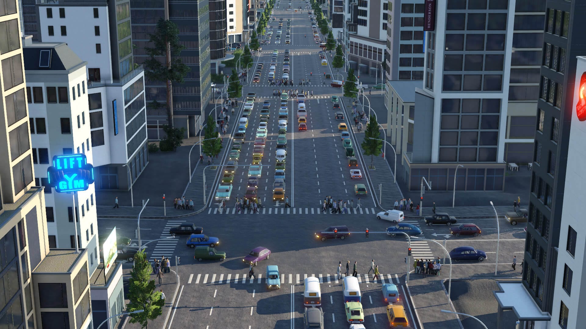 a city scape is shown with a six lane main road going in the middle, there are a lot of vehicles on it