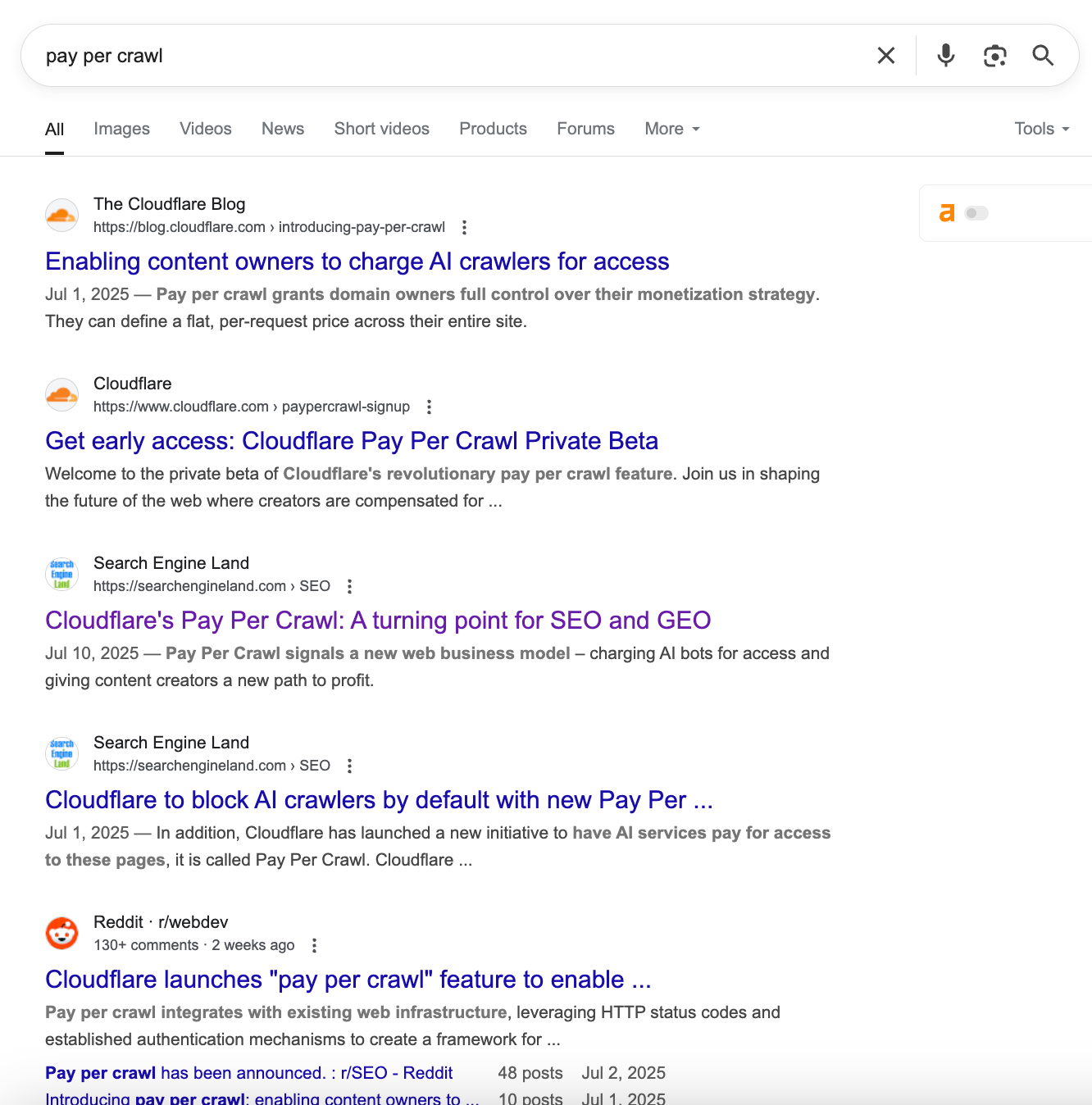 Screenshot of the SERP results for the query “pay per crawl,” highlighting some of the high-quality mentions and backlinks Cloudflare earned from this initiative.