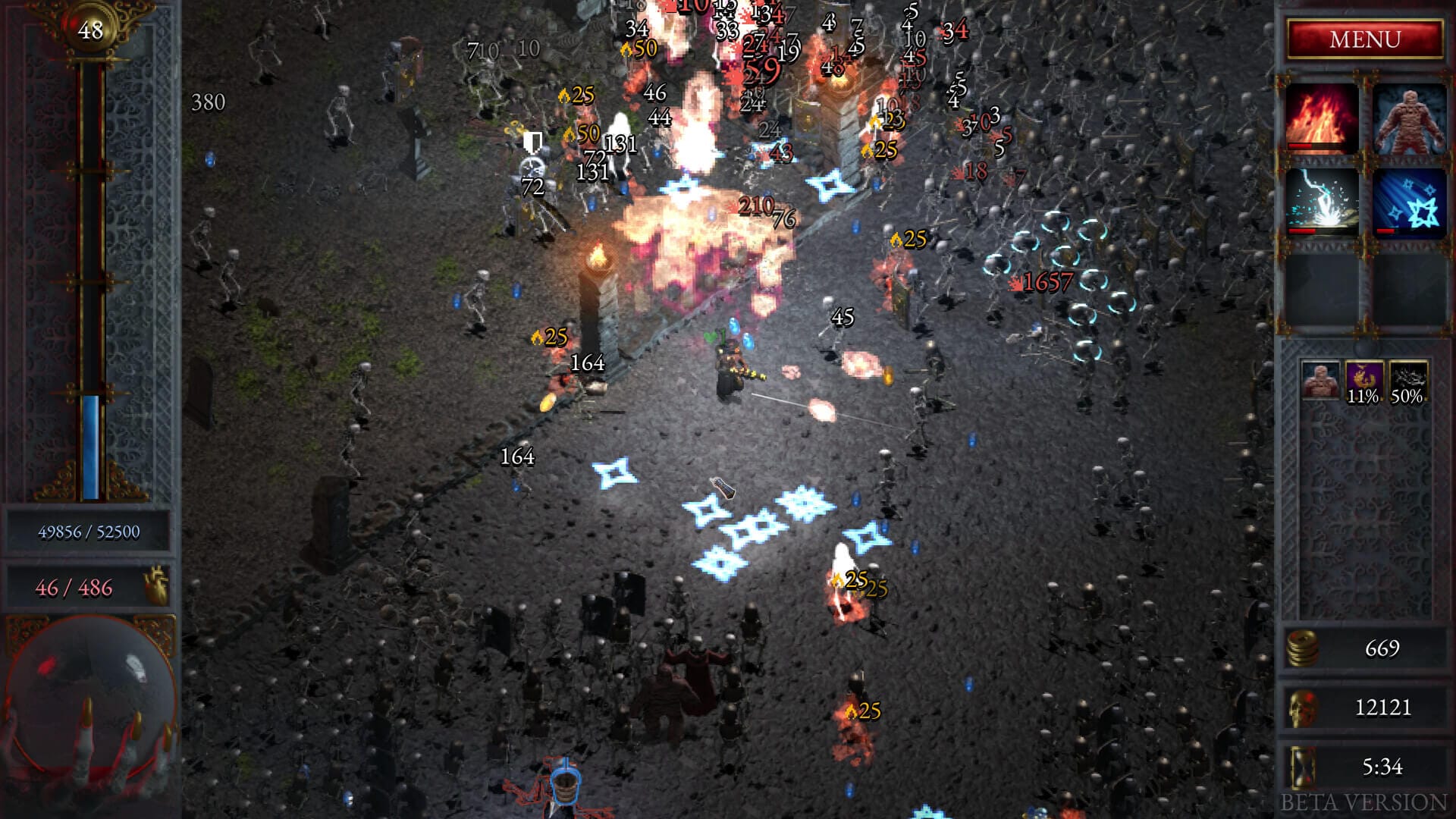 a horde of skeletons is seen moving towards the player in great numbers, the player is standing in the middle