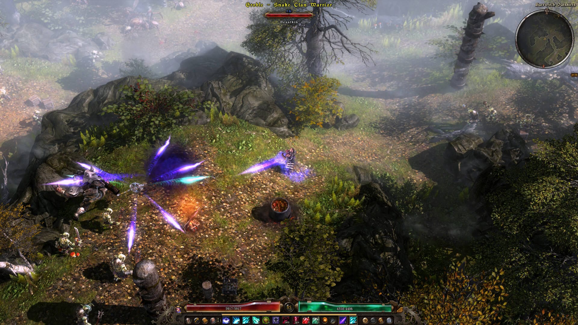the player is seen eminating a burst of energy attack aimed at a group of enemies surrounding them