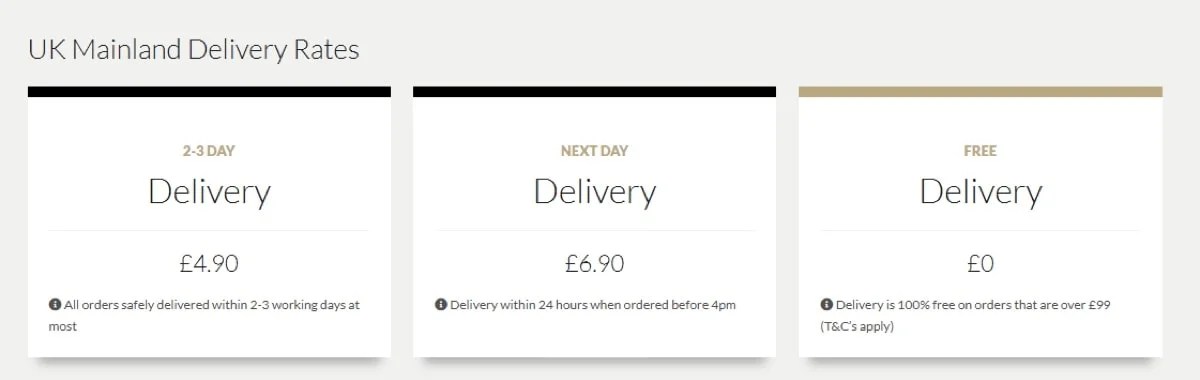 three columns of UK shipping rates