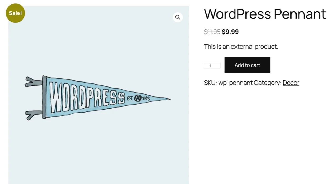 WordPress pennant product showing a sale price