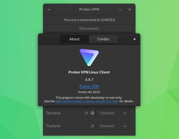 proton vpn linux client 4.9.7 connected to a server named ch#553 located somewhere in switzerland
