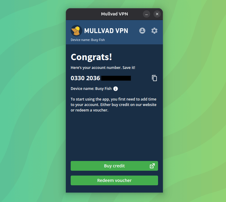 a screenshot of mullvad vpn showing a congrats notice for the generation of a new account, there many options on the interface too