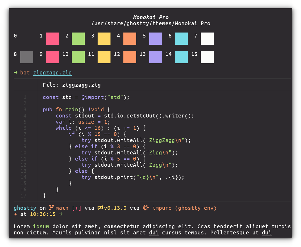 A screenshot of Ghostty with Monokai Pro. The theme is dsiplayed in the theme preview section of Ghostty.