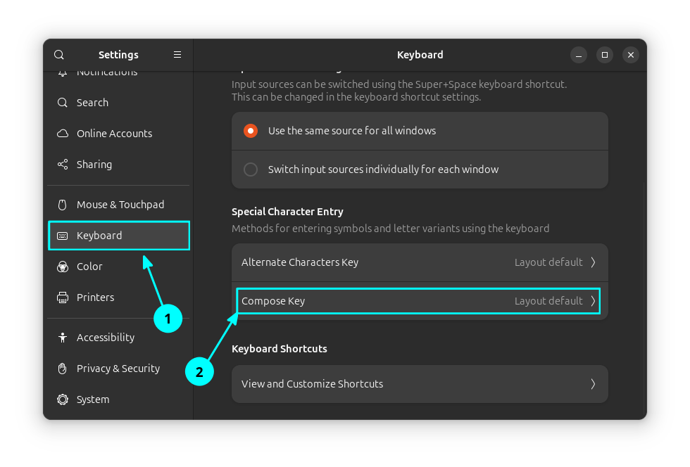 A screenshot of the keyboard settings page in GNOME. The section showing the Compose Key is annotated