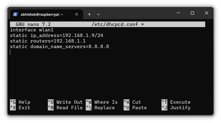 setting static ip for pi by editing the dhcpcd.conf file