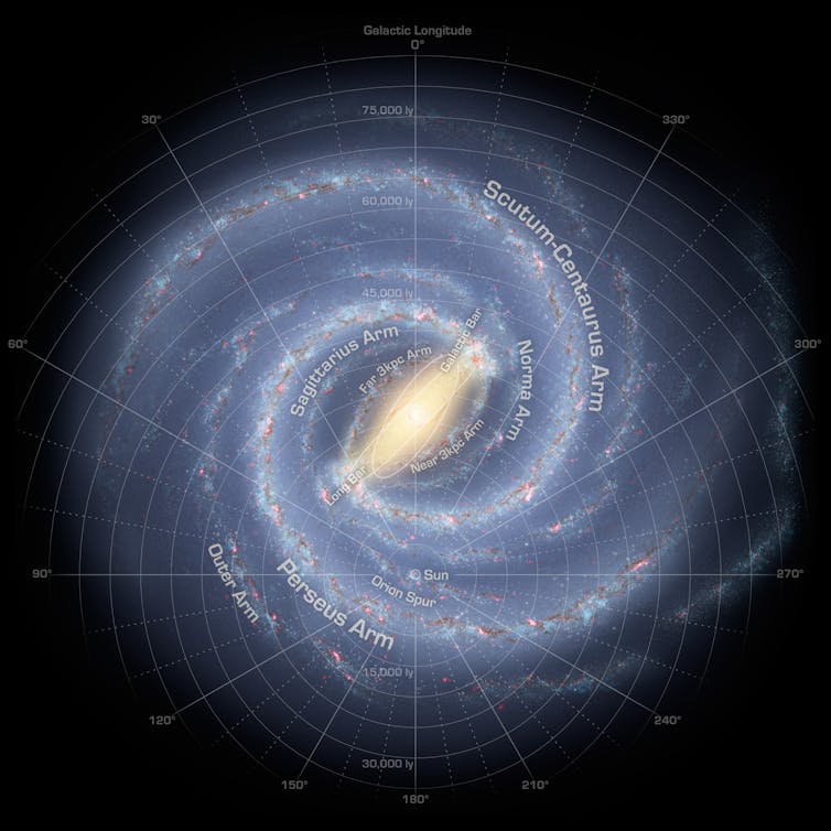 An illustration of a spiral-shaped galaxy.
