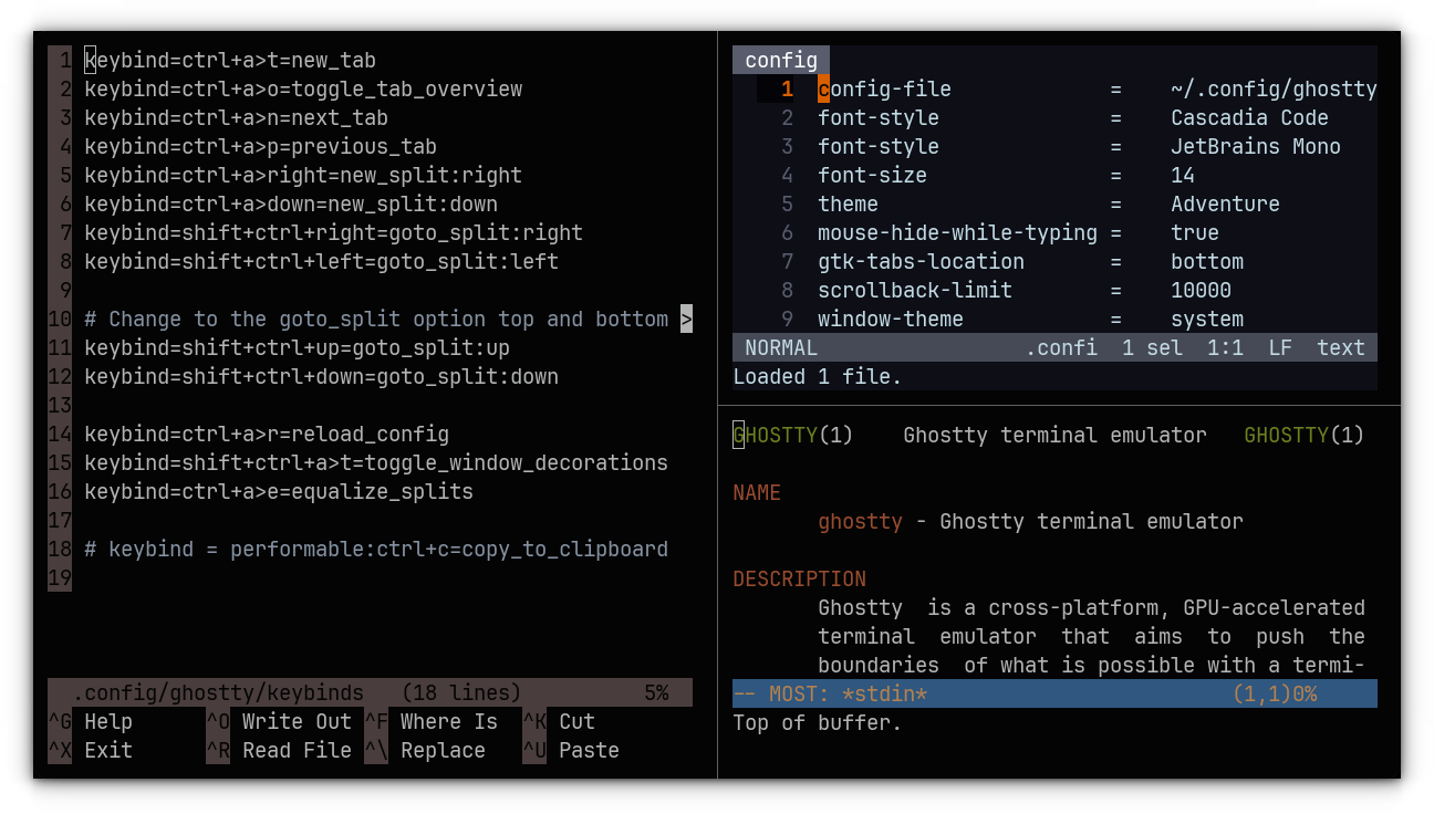 Window splits in Ghostty with multiple programs running in different splits.