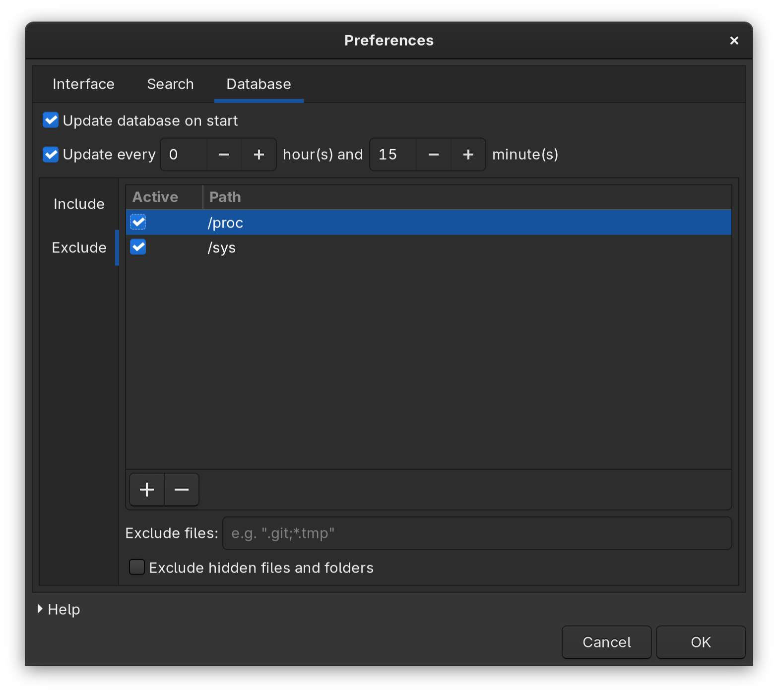 Menu for specifying excluded files in FSearch