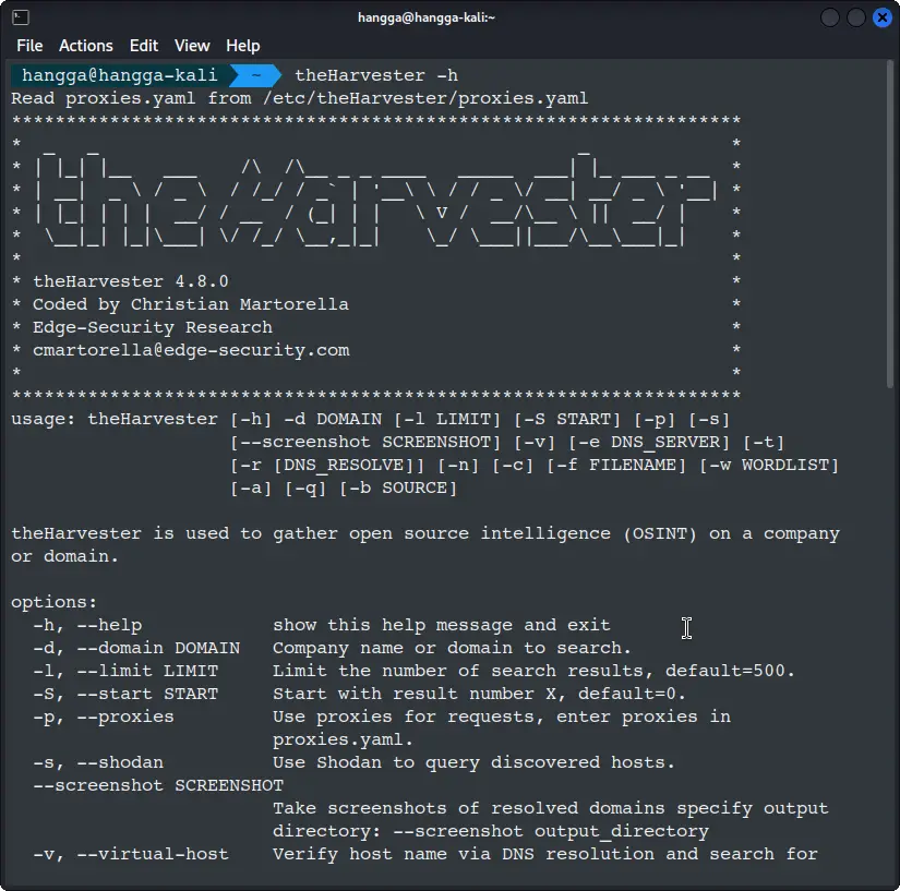 theharvester help page