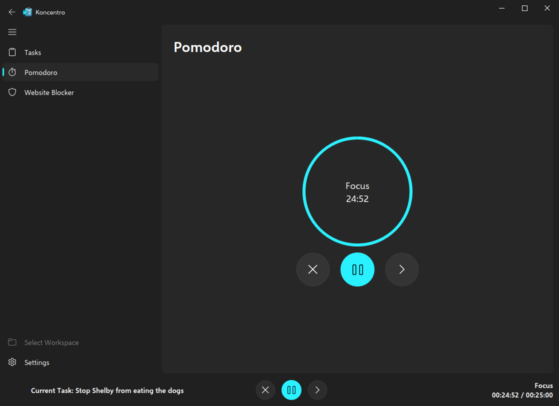 The pomodoro timer in Koncentro during a focus period