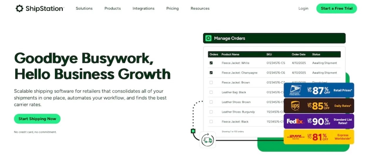ShipStation page with the text "Goodbye busywork, hello business growth"