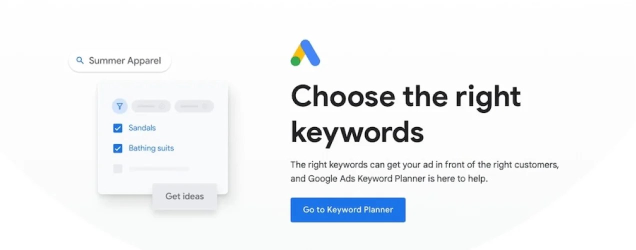 Google Keyword Planner with text "choose the right keywords"