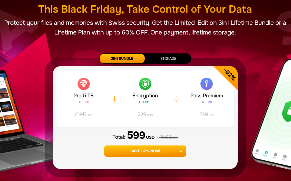 a pink-colored banner that shows details of the 3-in-1 bundle for pcloud