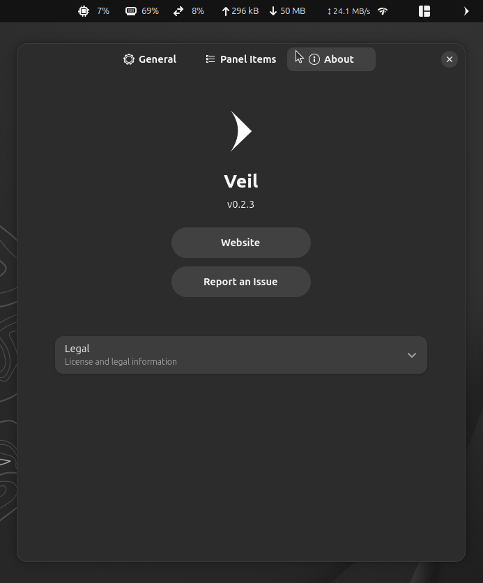 the about page of the veil gnome extension is shown here, with the top panel having the toggle for veil