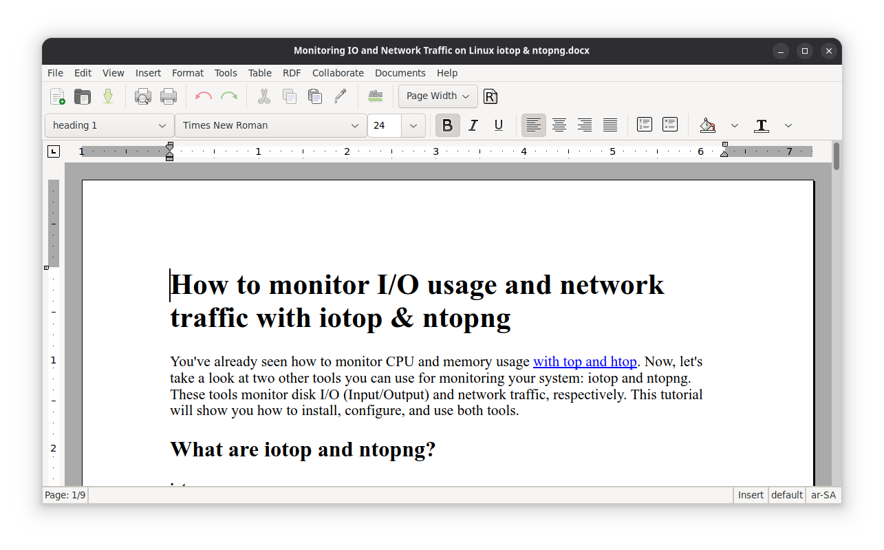 A screenshot of Abiword with a document opened for editing