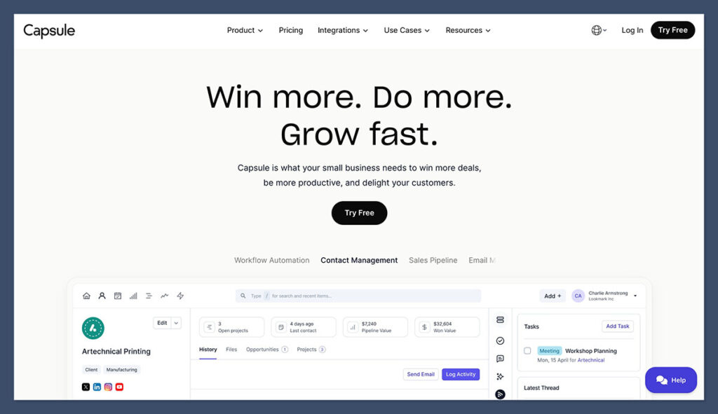 capsule crm homepage