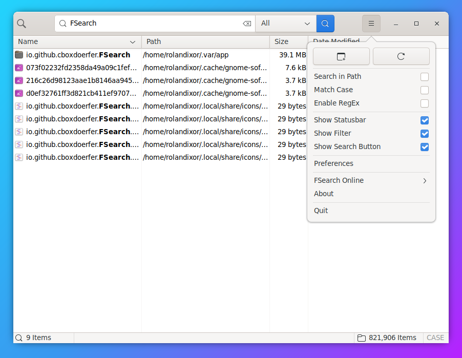 FSearch showing a query for