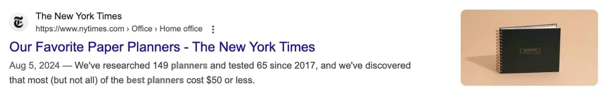 Google listing for "paper planners"