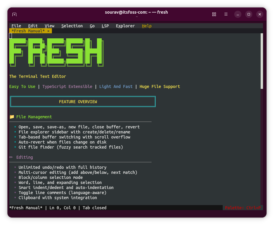 the manual page for fresh is shown here inside a terminal window, there is a lot of text that shows what fresh is all about