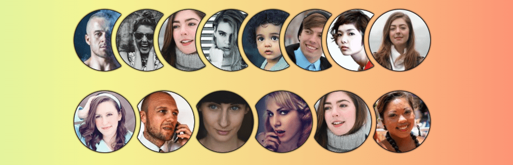 Two rows of circular avatar images. The images overlap with one another. The first row has eight images; the second row has six images.