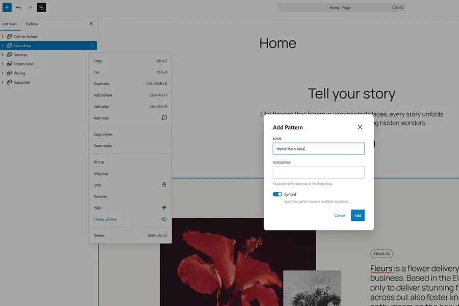 Create a block pattern to preserve your custom layout.