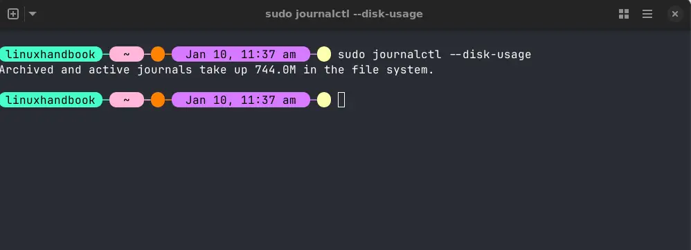 A terminal screen showing the disk usage by journal logs on a Linux system