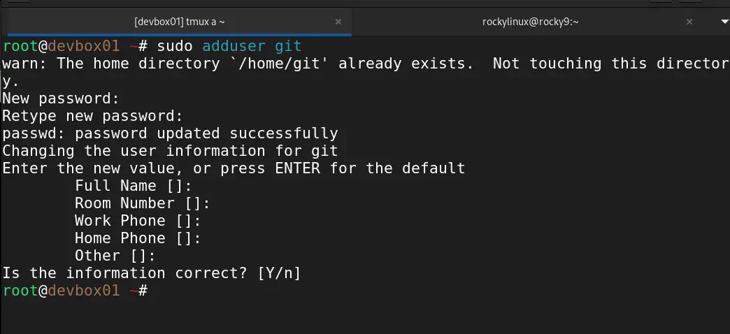 Terminal showing sudo adduser git and password setup prompts on Linux