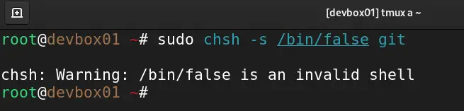 Screenshot of changing git user login shell to prevent interactive SSH sessions